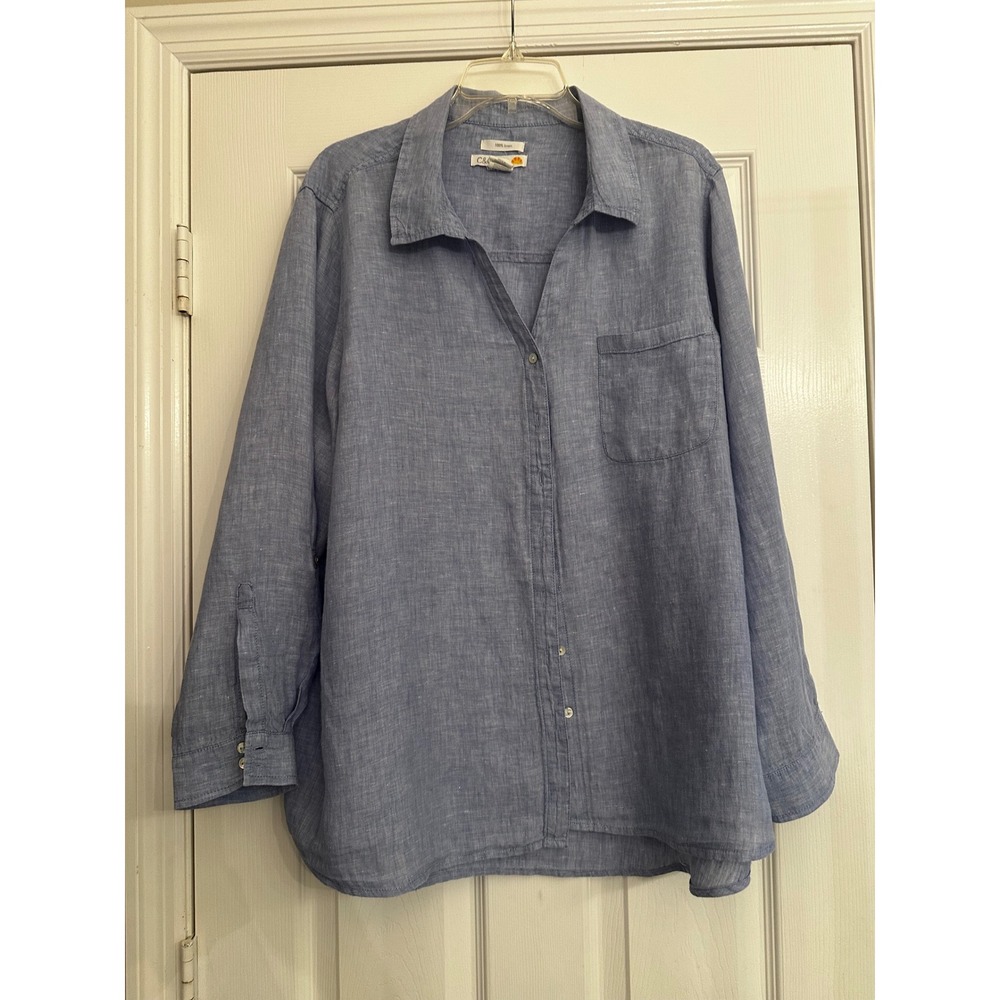 C&C California Women 3X Blue 100% Linen Button Down Roll Tab Sleeve Shirt Resort